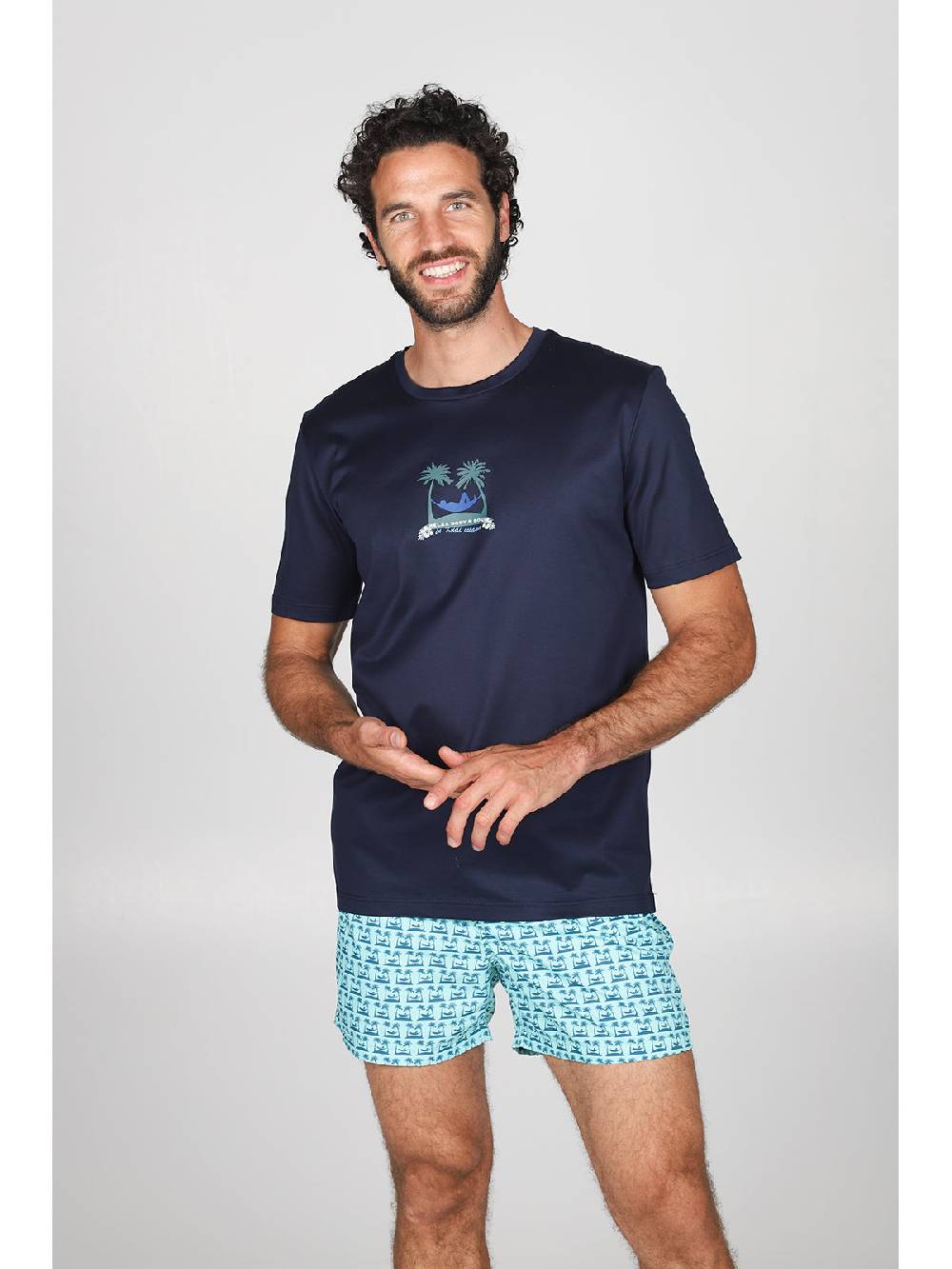 Julipet T-shirt in jersey di puro cotone blu, con stampa piazzata "palme" Online