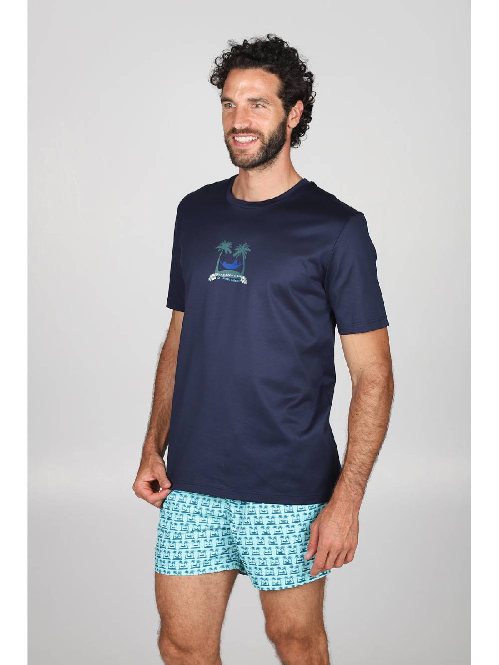 Julipet T-shirt in jersey di puro cotone blu, con stampa piazzata "palme" Online