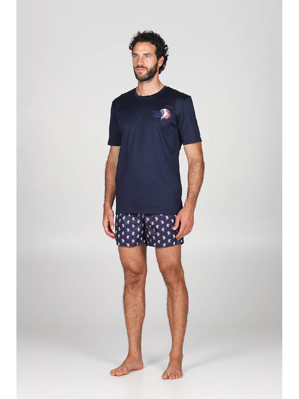 Julipet T-shirt in jersey di puro cotone blu, con stampa piazzata "indiano" Outlet