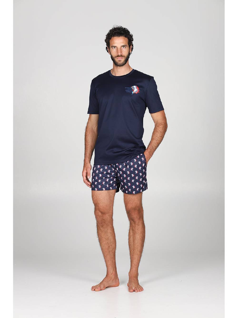 Julipet T-shirt in jersey di puro cotone blu, con stampa piazzata "indiano" Outlet