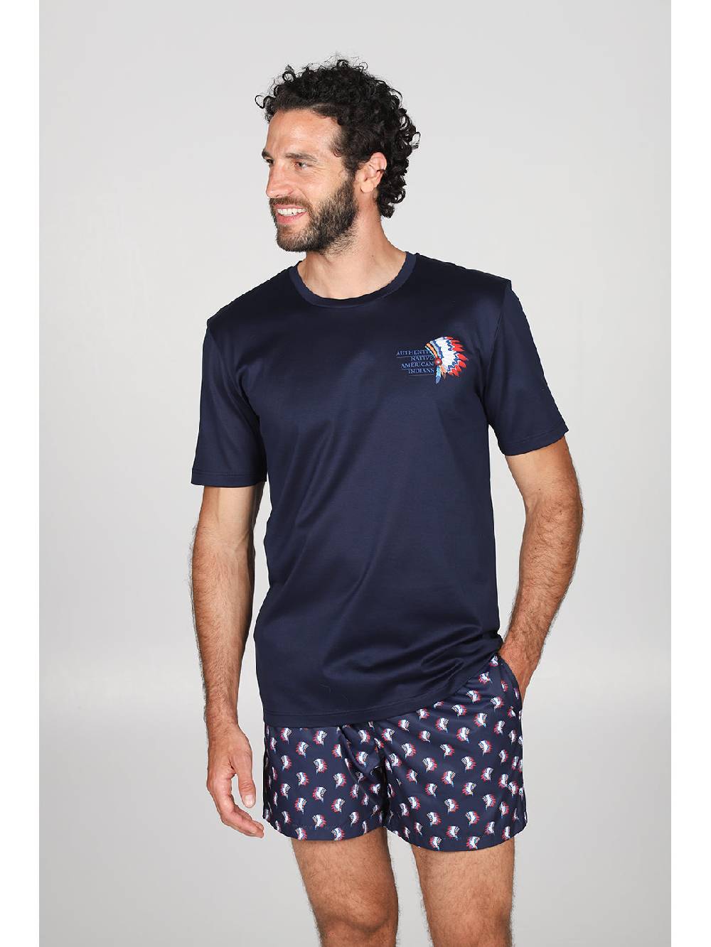 Julipet T-shirt in jersey di puro cotone blu, con stampa piazzata "indiano" Outlet