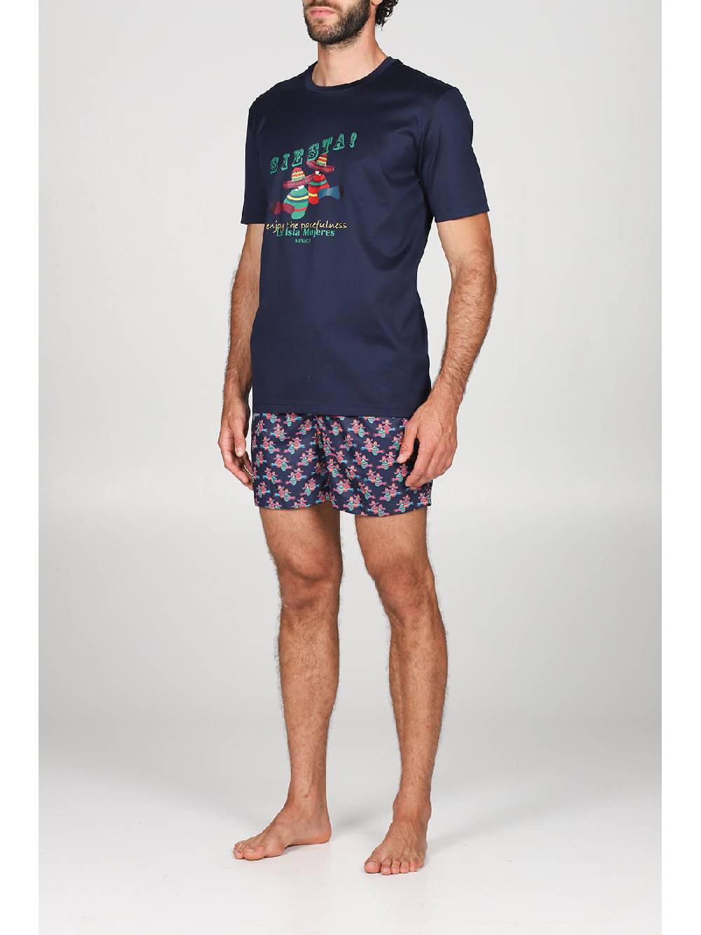 Julipet T-shirt in jersey di puro cotone blu, con stampa piazzata "siesta" In Vendita