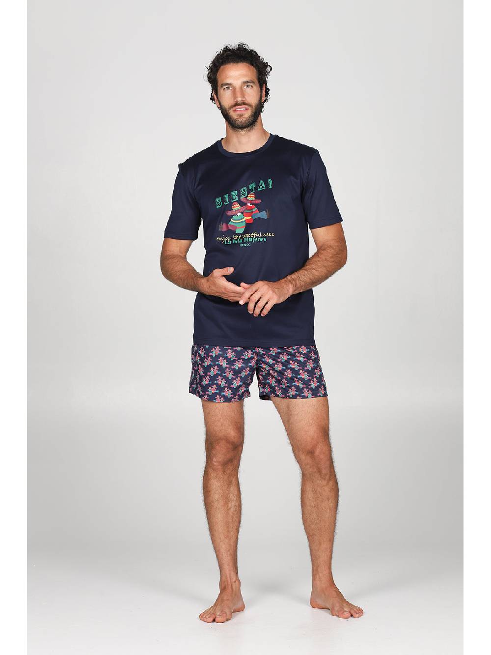 Julipet T-shirt in jersey di puro cotone blu, con stampa piazzata "siesta" In Vendita