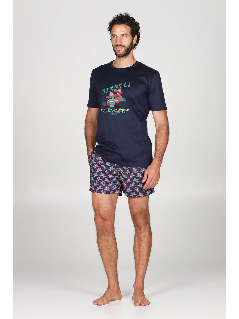 Julipet T-shirt in jersey di puro cotone blu, con stampa piazzata "siesta" In Vendita