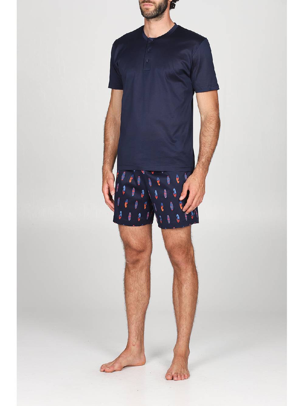 Julipet Pigiama corto serafino in setoso puro cotone mercerizzato fantasia "surf" nei pantaloncini Offerta Pasqua