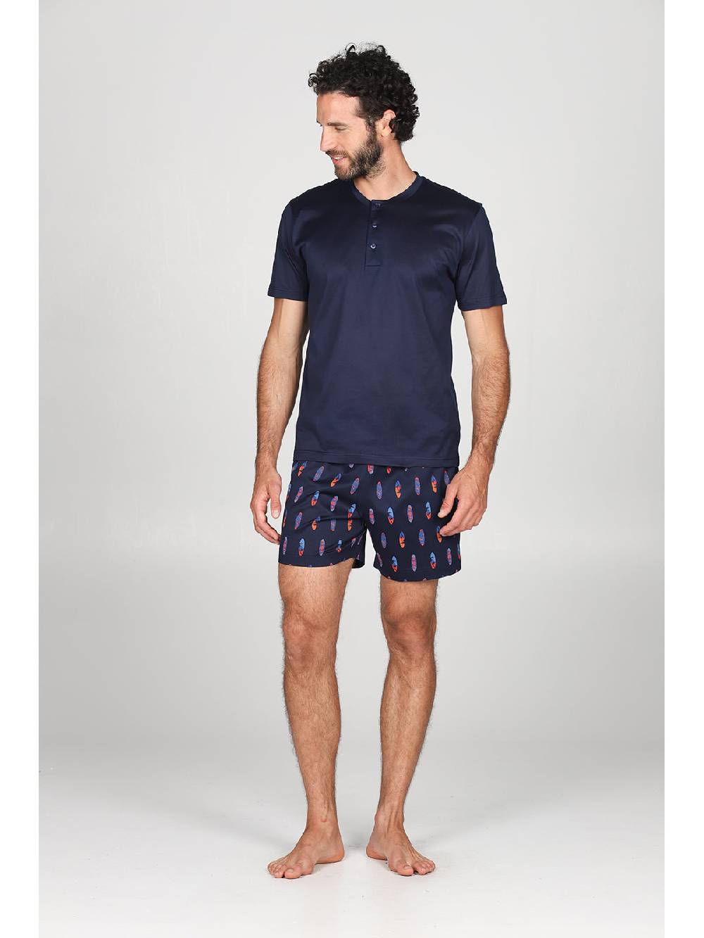 Julipet Pigiama corto serafino in setoso puro cotone mercerizzato fantasia "surf" nei pantaloncini Offerta Pasqua