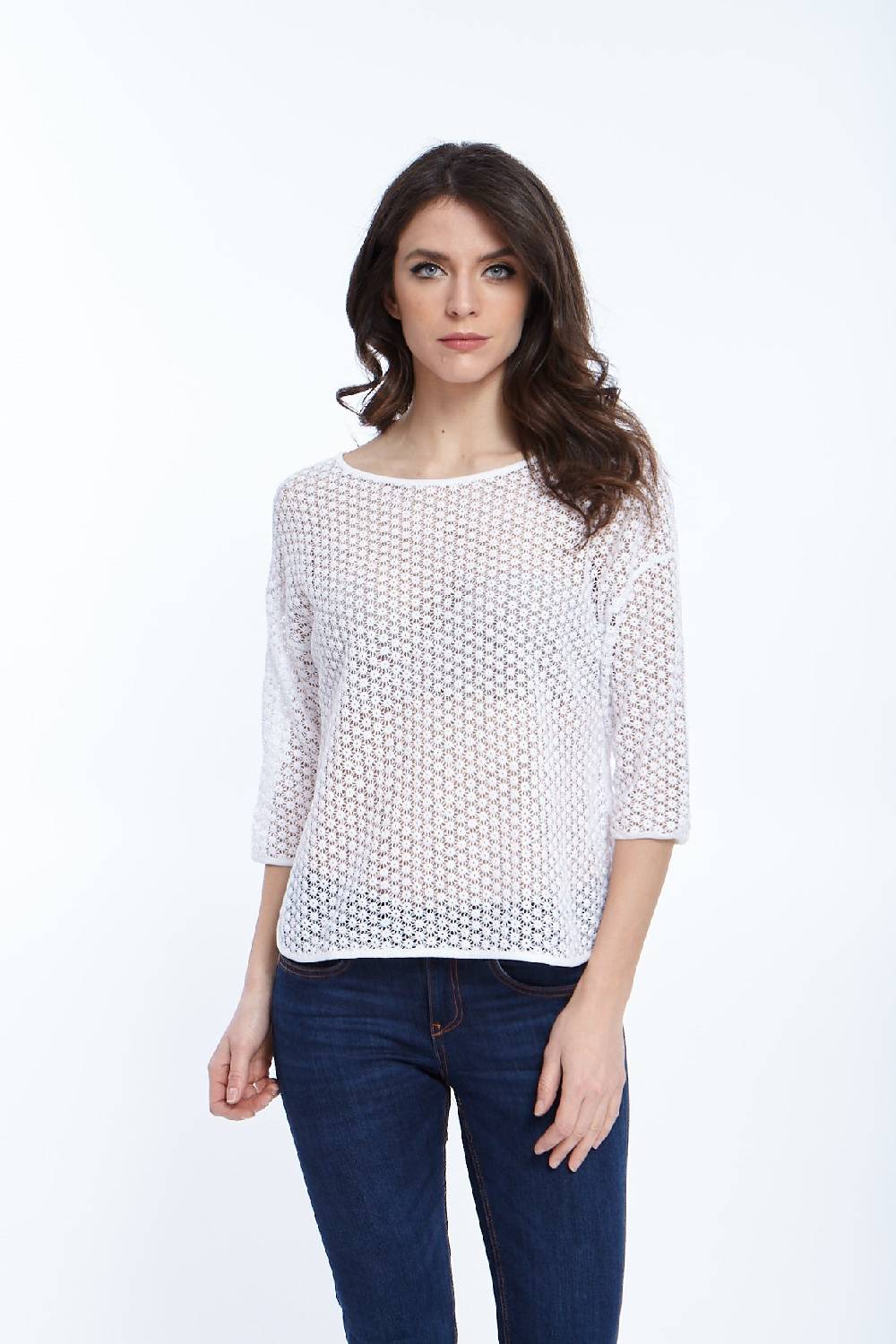 Oscalito Camicia Manica Tre Quarti in Micromacramè Allover 8506 Vendita calda