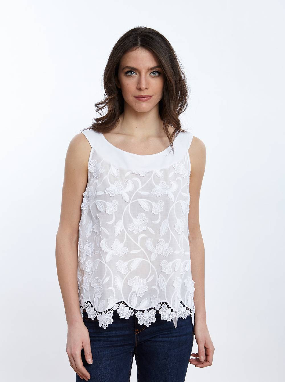 Oscalito Top in Voile di Cotone con Ricamo Surposé 4910 Vendite Flash