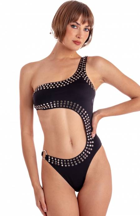 Pin Up Stars COSTUME DA BAGNO INTERO IMBOTTITO MONOSPALLA CON CRISTALLI SPECCHIETTI