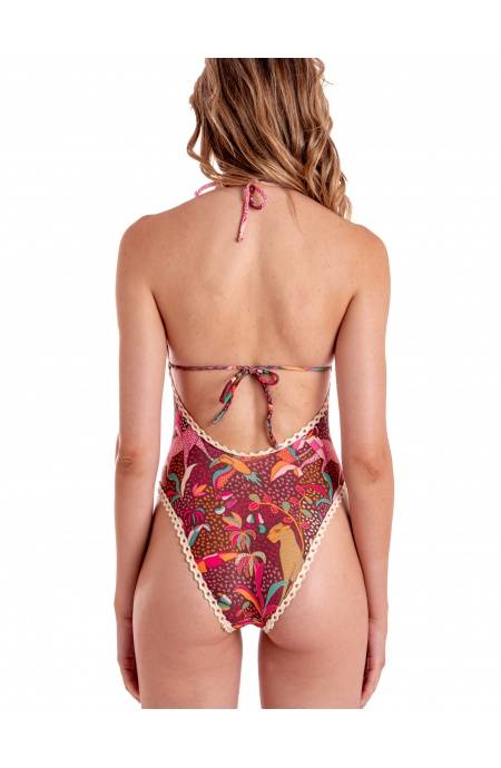 Pin Up Stars COSTUME DA BAGNO INTERO IMBOTTITO CON PASSAMANERIA STAMPA TROPICAL Offerta