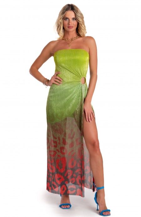 Pin Up Stars Abito Lungo Off-Shoulders Con Anella Crepon Lamè Stampa Macula Degradé Outlet