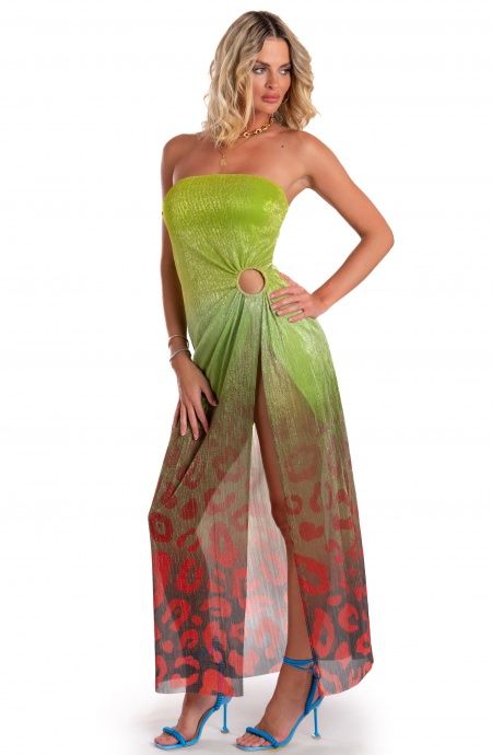 Pin Up Stars Abito Lungo Off-Shoulders Con Anella Crepon Lamè Stampa Macula Degradé Outlet