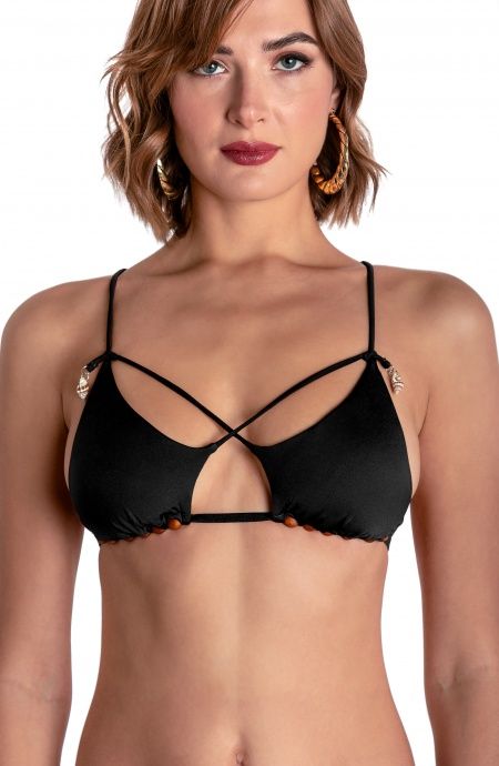Pin Up Stars TOP BIKINI TRIANGOLO IMBOTTITO CON PERLE E CONCHIGLIE TINTA UNITA Black Friday Prezzi