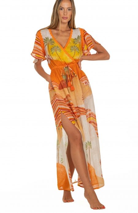Pin Up Stars Long Dress Scollo a V In Garza Stampa Dune Sconti questo mese