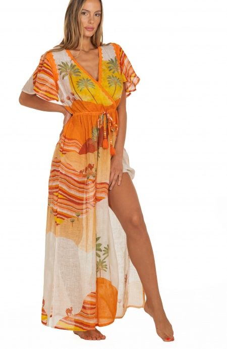 Pin Up Stars Long Dress Scollo a V In Garza Stampa Dune Sconti questo mese