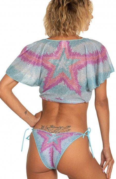 Pin Up Stars Crop Top Aperto Scollo A V Lurex Stampa Stella Sfumata In Saldo