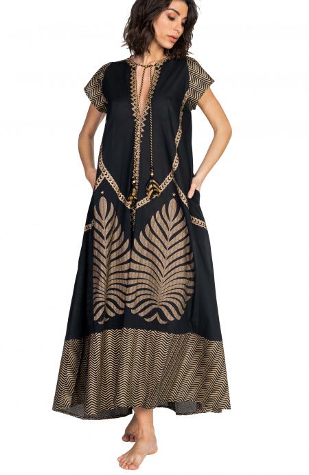 Pin Up Stars Long Dress In Cotone Foglia Oro Fino al 65% di sconto