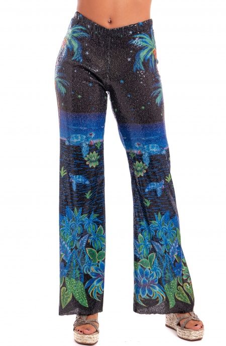 Pin Up Stars Pantalone Zampa Paillettes Stampa Hawaii Super sconto