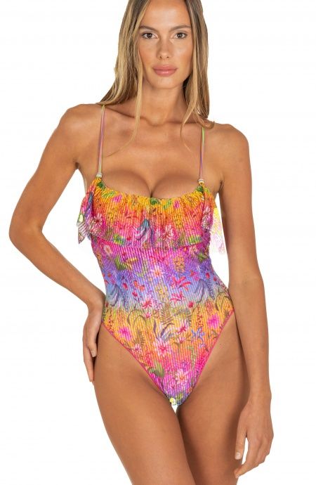 Pin Up Stars Costume Intero Con Balza Flower Rainbow Strass Novità