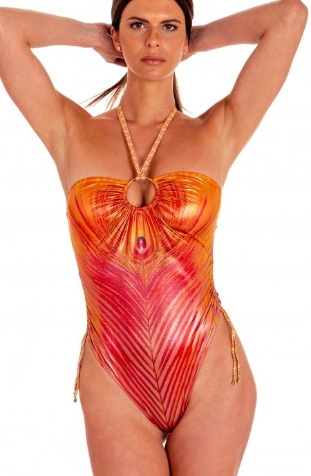 Pin Up Stars Costume Intero Con Anella Stampa Piuma Base Oro Offerta speciale