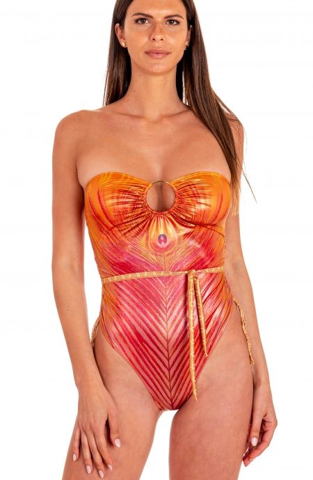 Pin Up Stars Costume Intero Con Anella Stampa Piuma Base Oro Offerta speciale