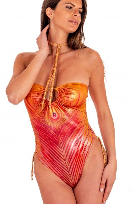 Pin Up Stars Costume Intero Con Anella Stampa Piuma Base Oro Offerta speciale