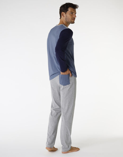 Lovable Piagiama lungo in cotone, blu polvere, blu navy e grigio melange Vendita Economica