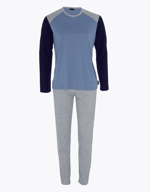 Lovable Piagiama lungo in cotone, blu polvere, blu navy e grigio melange Vendita Economica