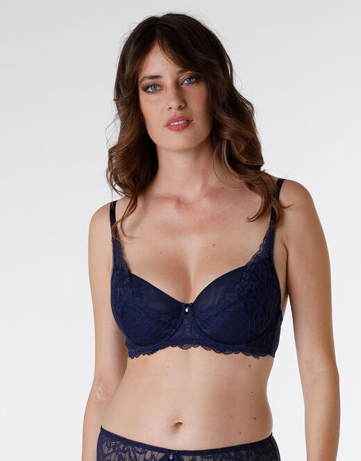 Lovable Reggiseno con ferretto Striped Lace in pizzo e microfibra, blu scuro Nuovo