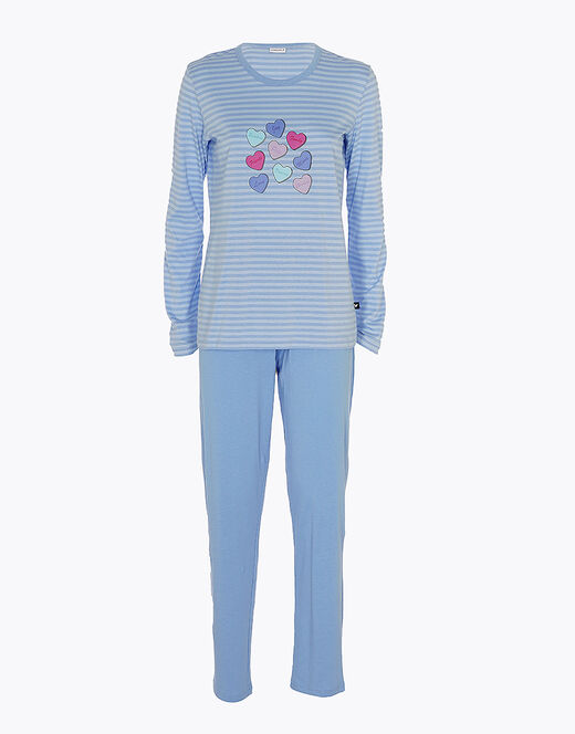 Lovable Pigiama lungo chiuso in jersey di cotone, azzurro a righe con stampa Nuovo