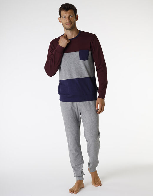 Lovable Pigiama lungo in interlock di cotone, bordeaux grigio e blu Convenienza