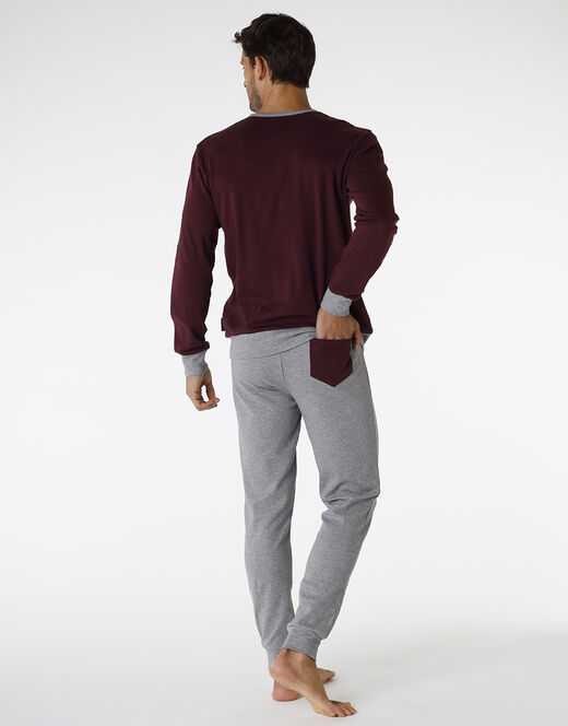 Lovable Pigiama lungo in interlock di cotone, bordeaux e grigio melange Outlet