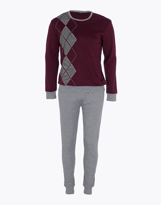 Lovable Pigiama lungo in interlock di cotone, bordeaux e grigio melange Outlet
