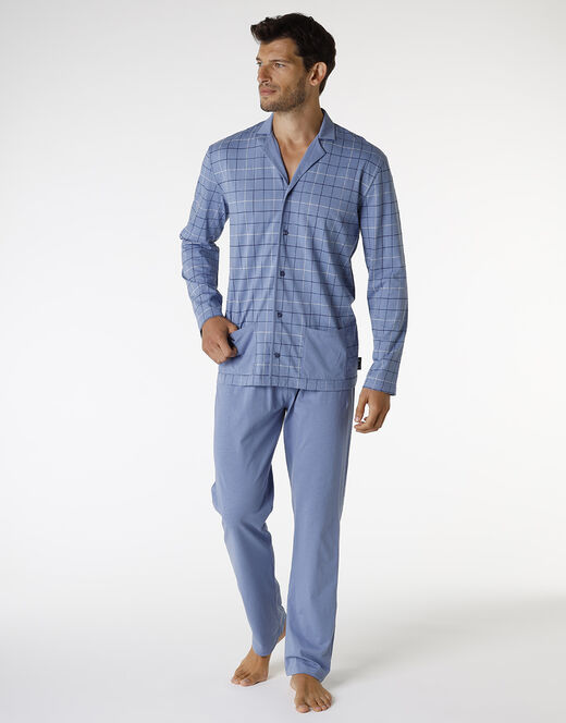Lovable Pigiama lungo in cotone, blu polvere con stampa a riquadri Saldi
