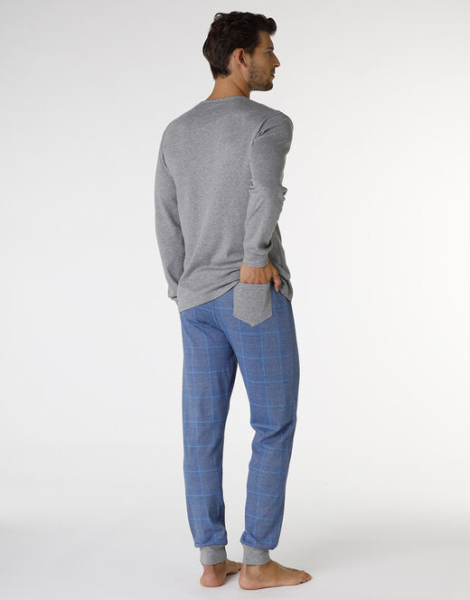 Lovable Pigiama lungo in interlock di cotone, grigio melage scuro e blu polvere con stampa Outlet