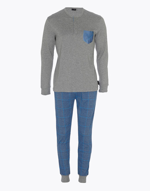 Lovable Pigiama lungo in interlock di cotone, grigio melage scuro e blu polvere con stampa Outlet