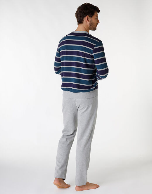 Lovable Pigiama lungo a righe in cotone, grigio melange e blu In Saldo