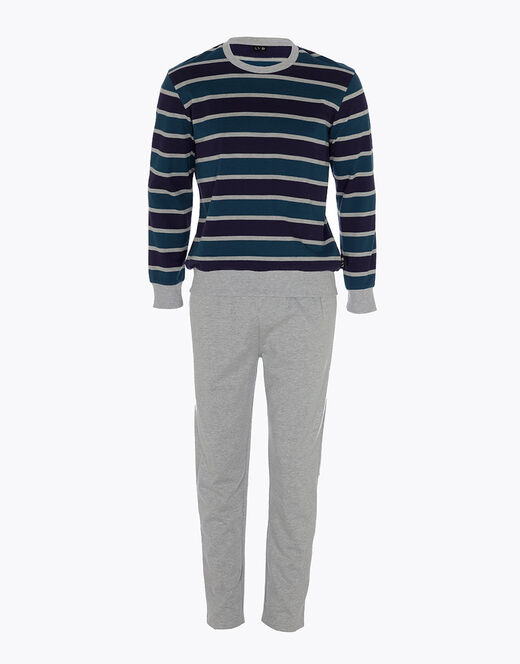 Lovable Pigiama lungo a righe in cotone, grigio melange e blu In Saldo