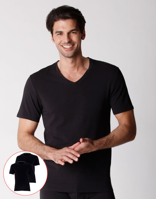 Lovable T-shirt scollo a V uomo in cotone biologico, confezione x2 nero Italia