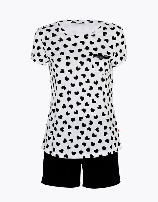 Lovable Pigiama corto in jersey di cotone, stampa cuori neri su sfondo bianco Fino al 55% di sconto