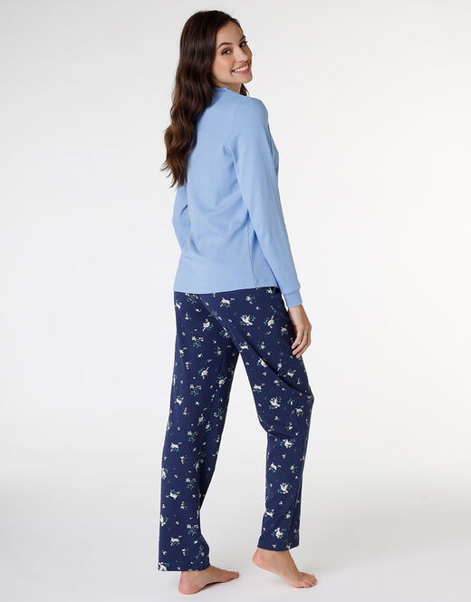Lovable Pigiama lungo aperto in interlock di cotone, azzurro con stampa Limitato a 3 giorni