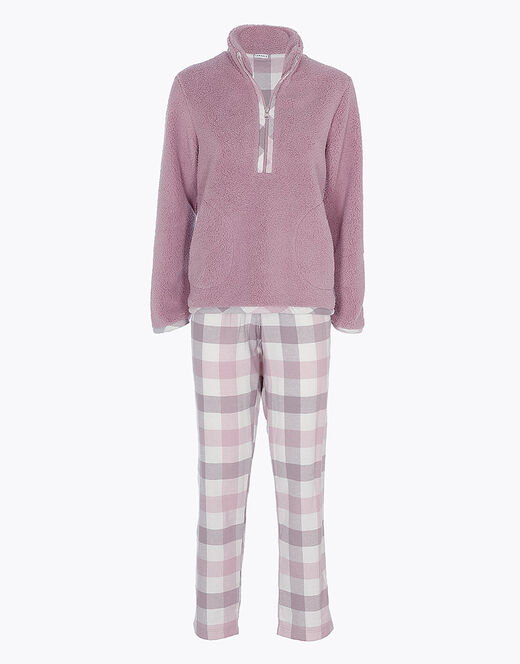 Lovable Pigiama lungo con pelliccetta agnellata e flanella, rosa e grigio In Saldo