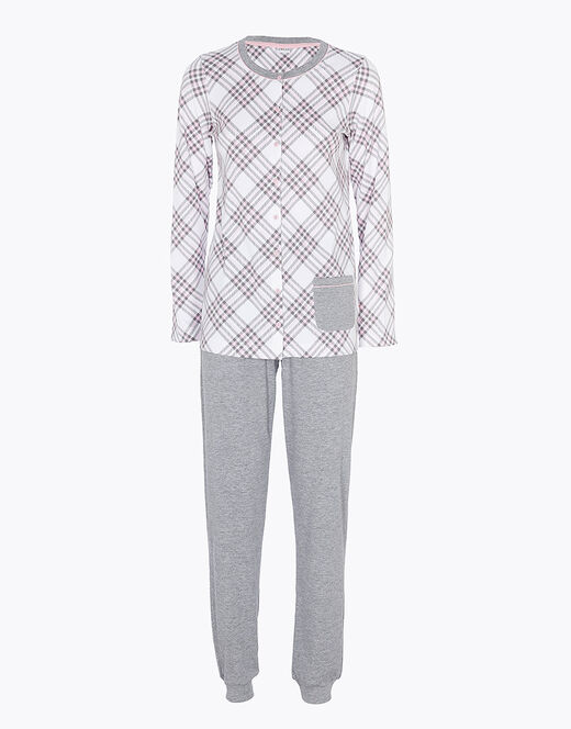 Lovable Pigiama lungo aperto in interlock di cotone, grigio con stampa a quadri Fornitura limitata