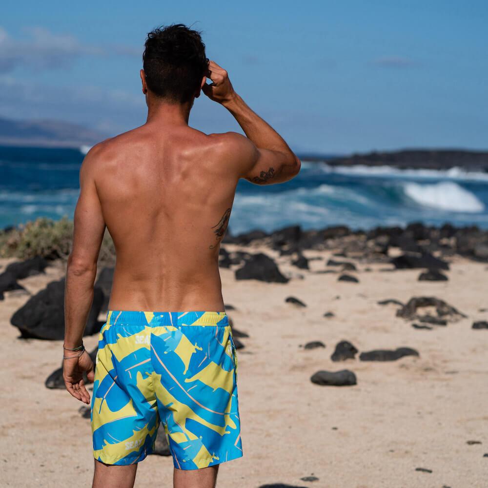 Seay / Swim Boxer Medio Giallo Blu Foglie Banano Vendita Calda
