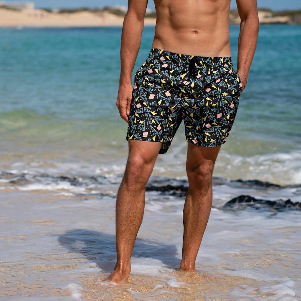 Seay / Swim Boxer Medio Nero Stampa 80s Nuovo