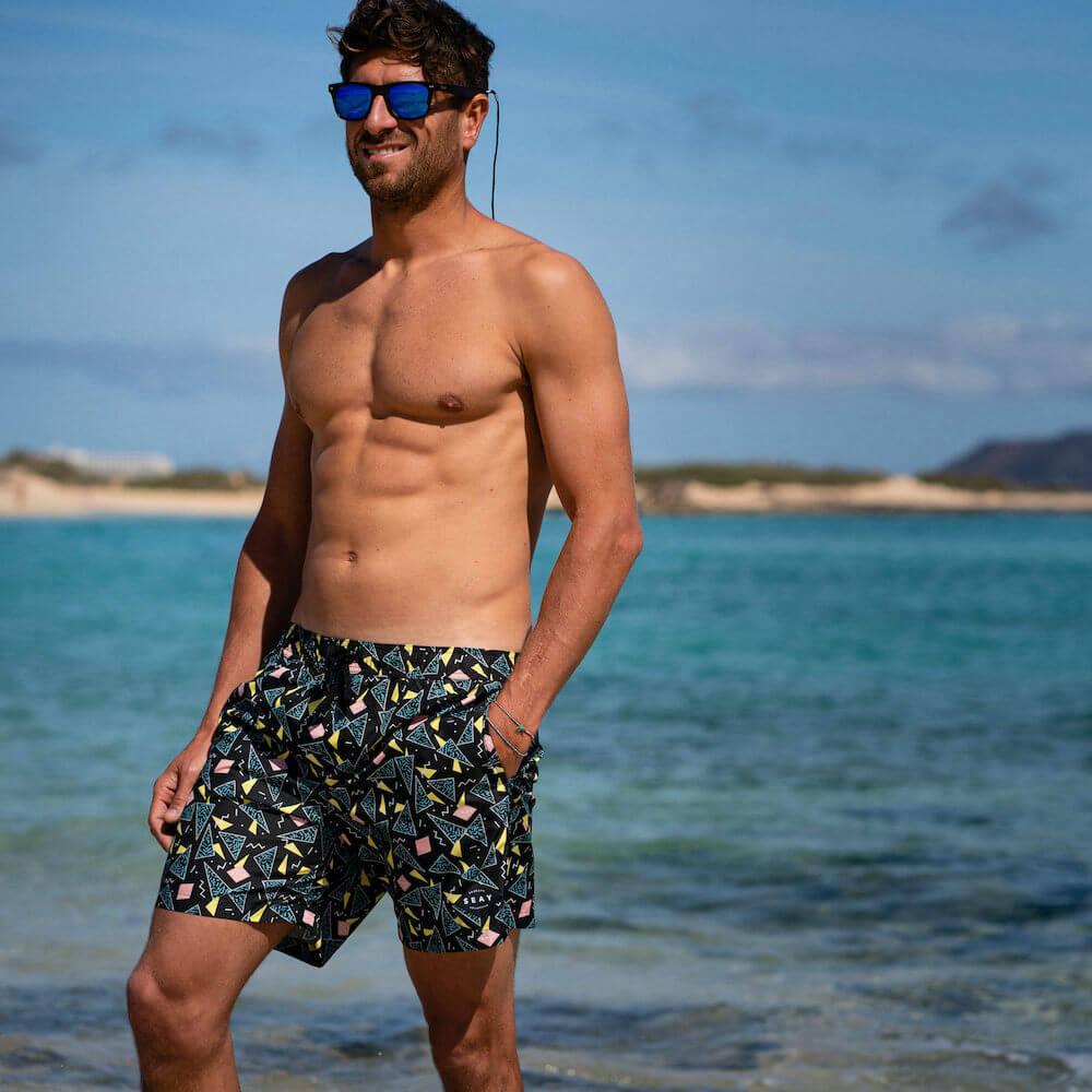 Seay / Swim Boxer Medio Nero Stampa 80s Nuovo
