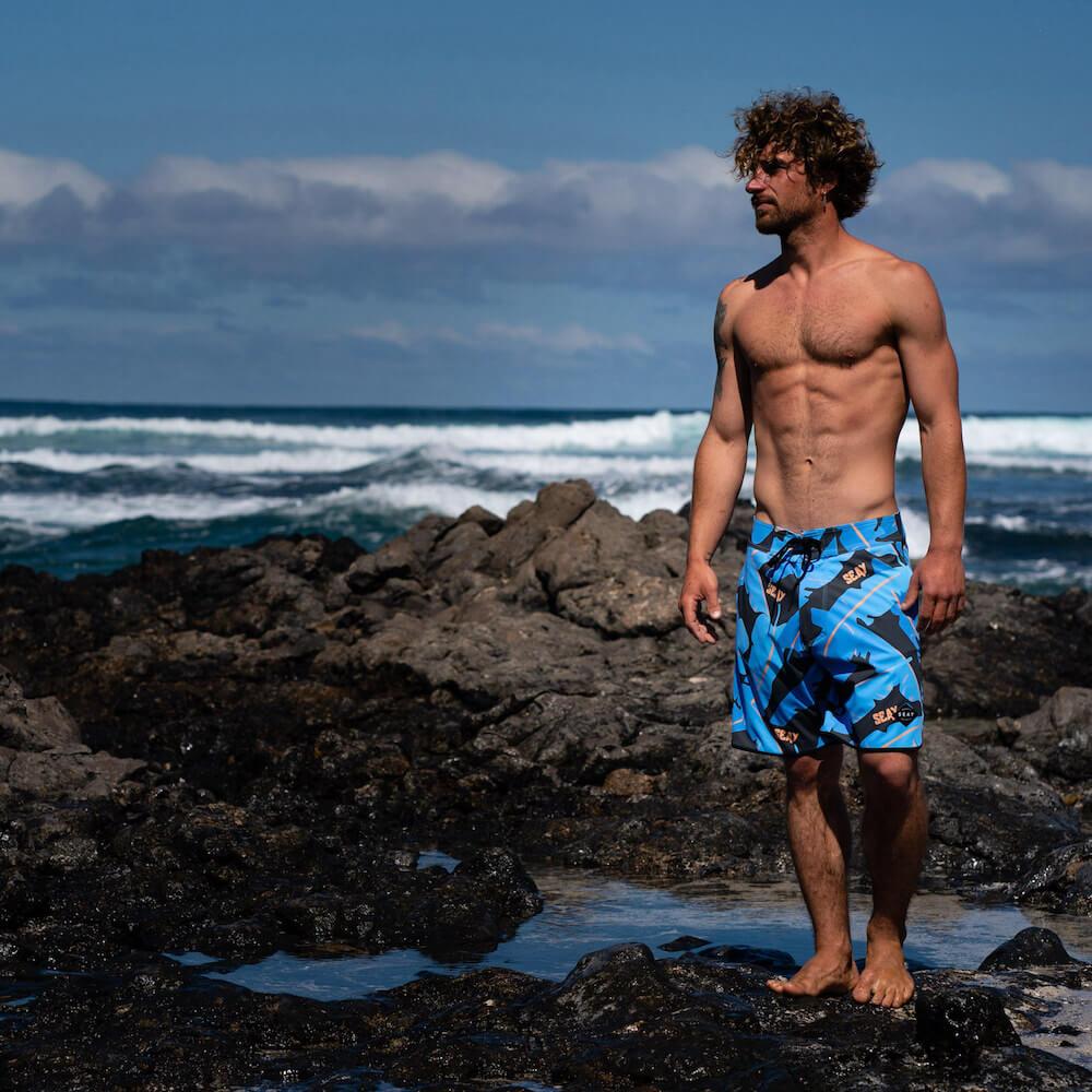 Seay / Boardshort Nero Blu Foglie Banano Alapai Promozione
