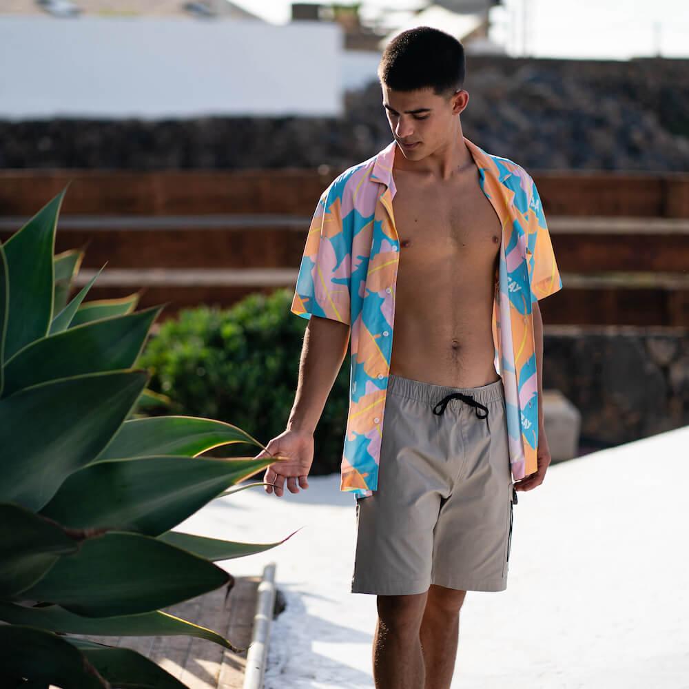 Seay / Camicia Hawaiana Rosa Blu Foglie Banano Novità
