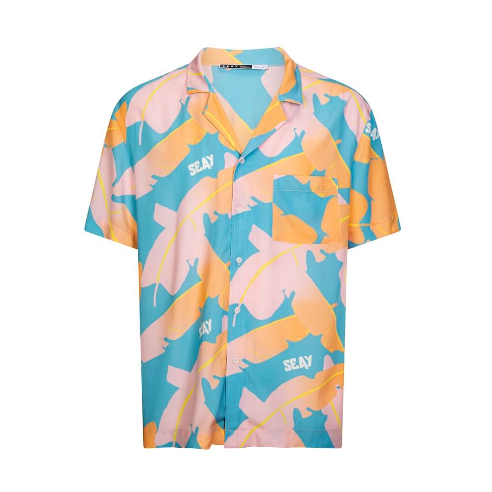 Seay / Camicia Hawaiana Rosa Blu Foglie Banano Novità