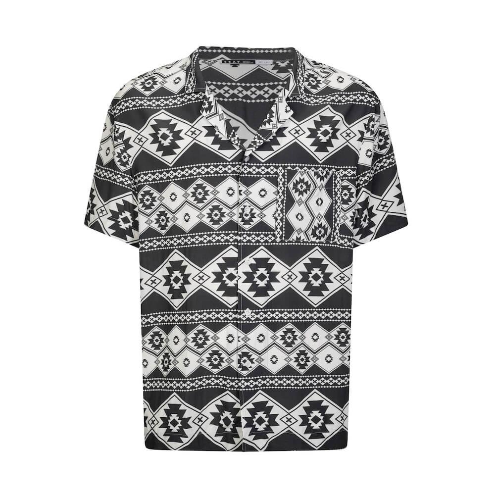 Seay / Camicia Hawaiana Bianco Nera Stampa Nativa Limitato a 3 giorni